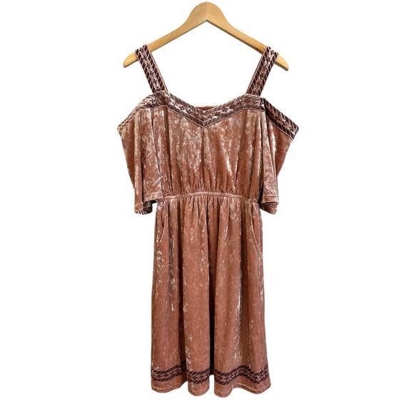 NEW Lucky Brand Pink Crushed Velvet Embroidery Cold Shoulder Pockets Dress Small - Picture 5 of 12
